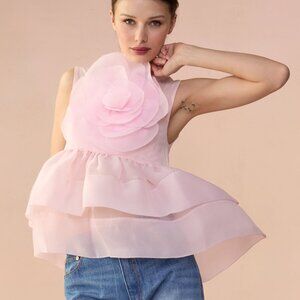 Cynthia Rowley Pink Organza Sleeveless top with Flower Applique